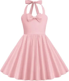 1950s Vintage Dresses for Girls Halter Dress Sleeveless Bowknot Heart Neck 4-12 Years