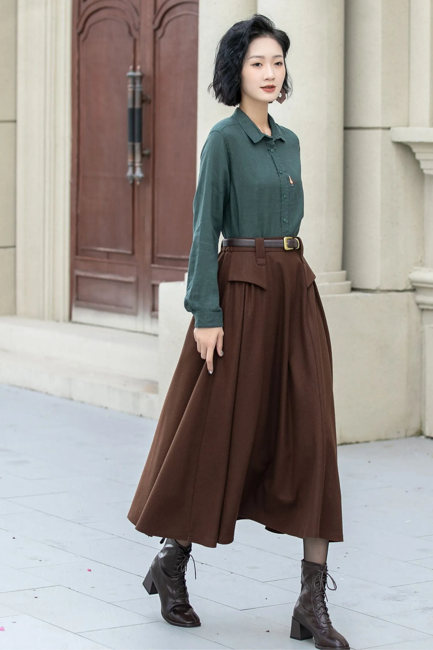 A line brown midi wool skirt women 5356