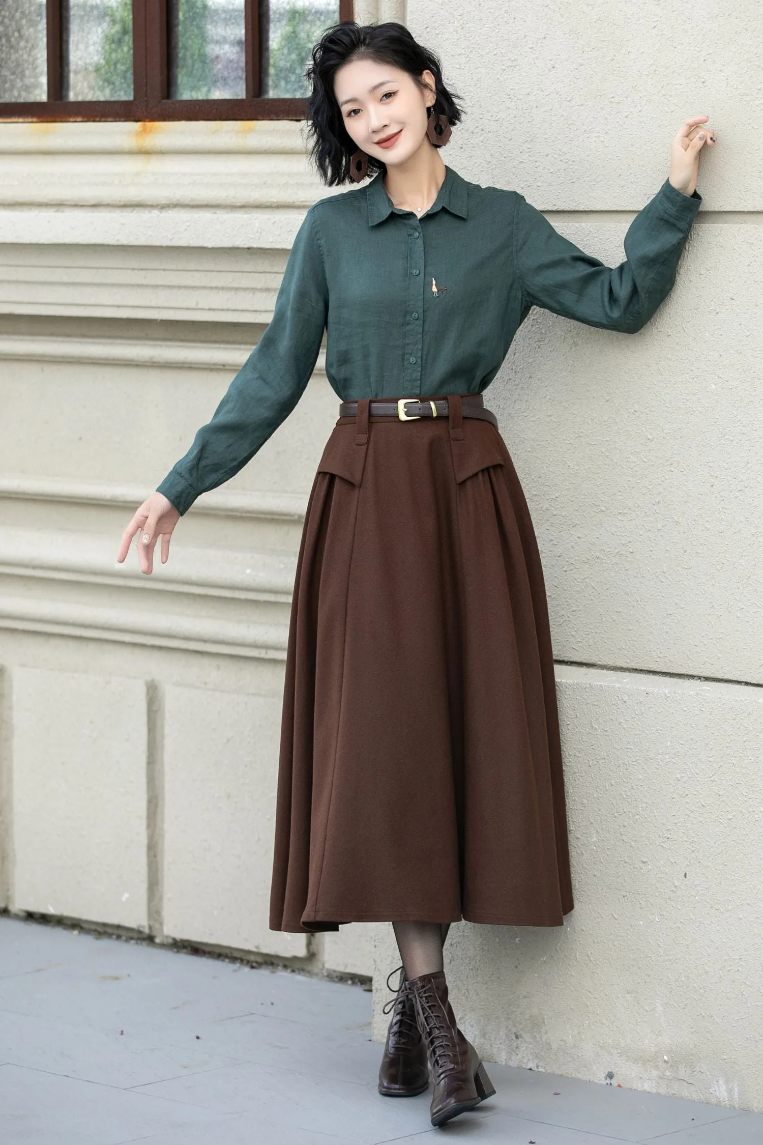 A line brown midi wool skirt women 5356