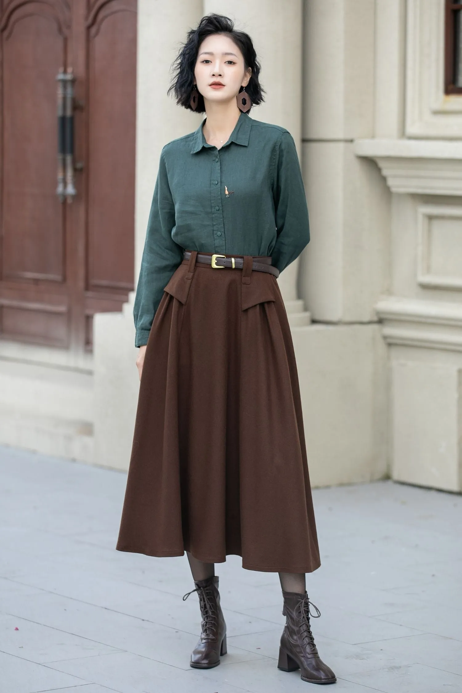 A line brown midi wool skirt women 5356