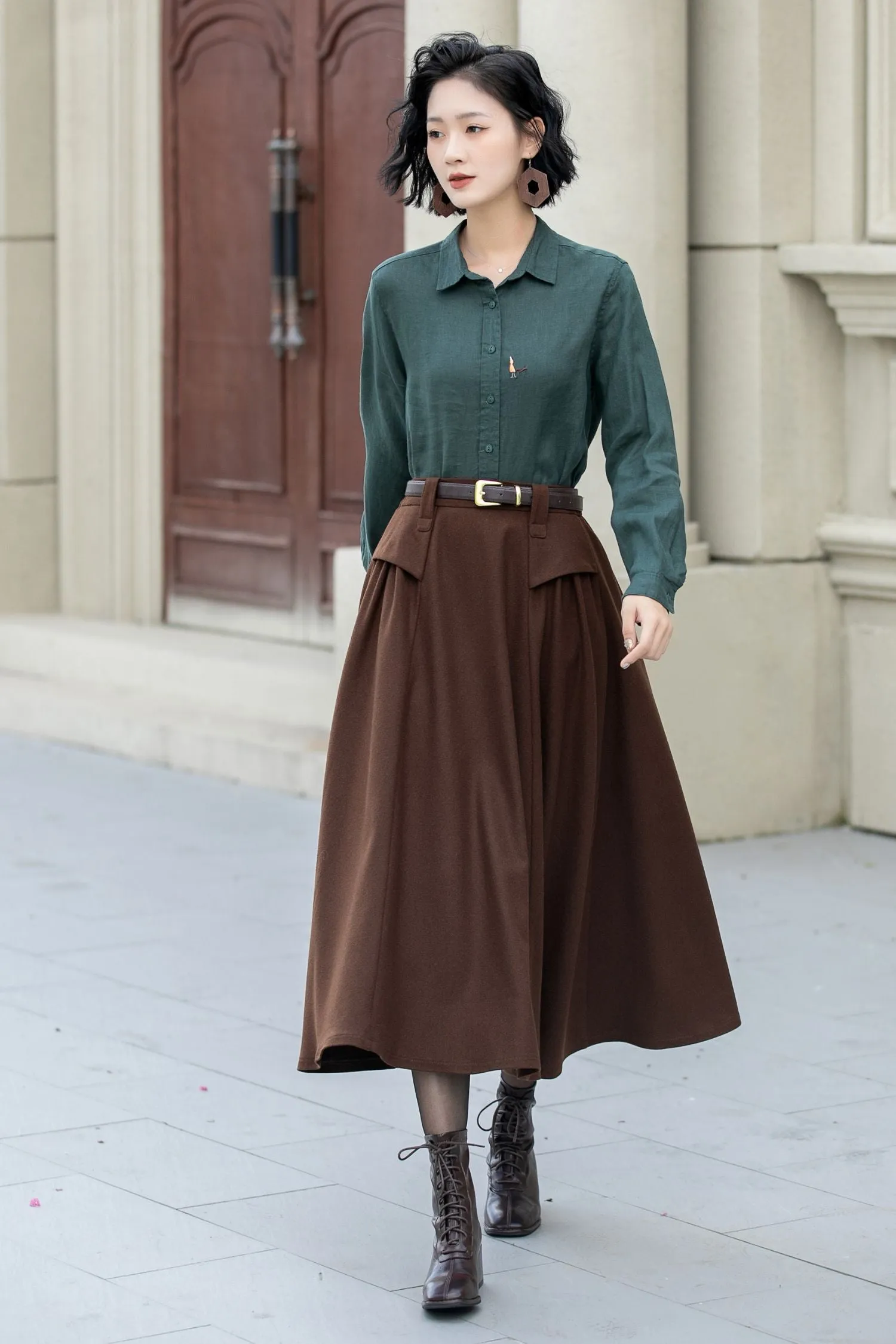 A line brown midi wool skirt women 5356