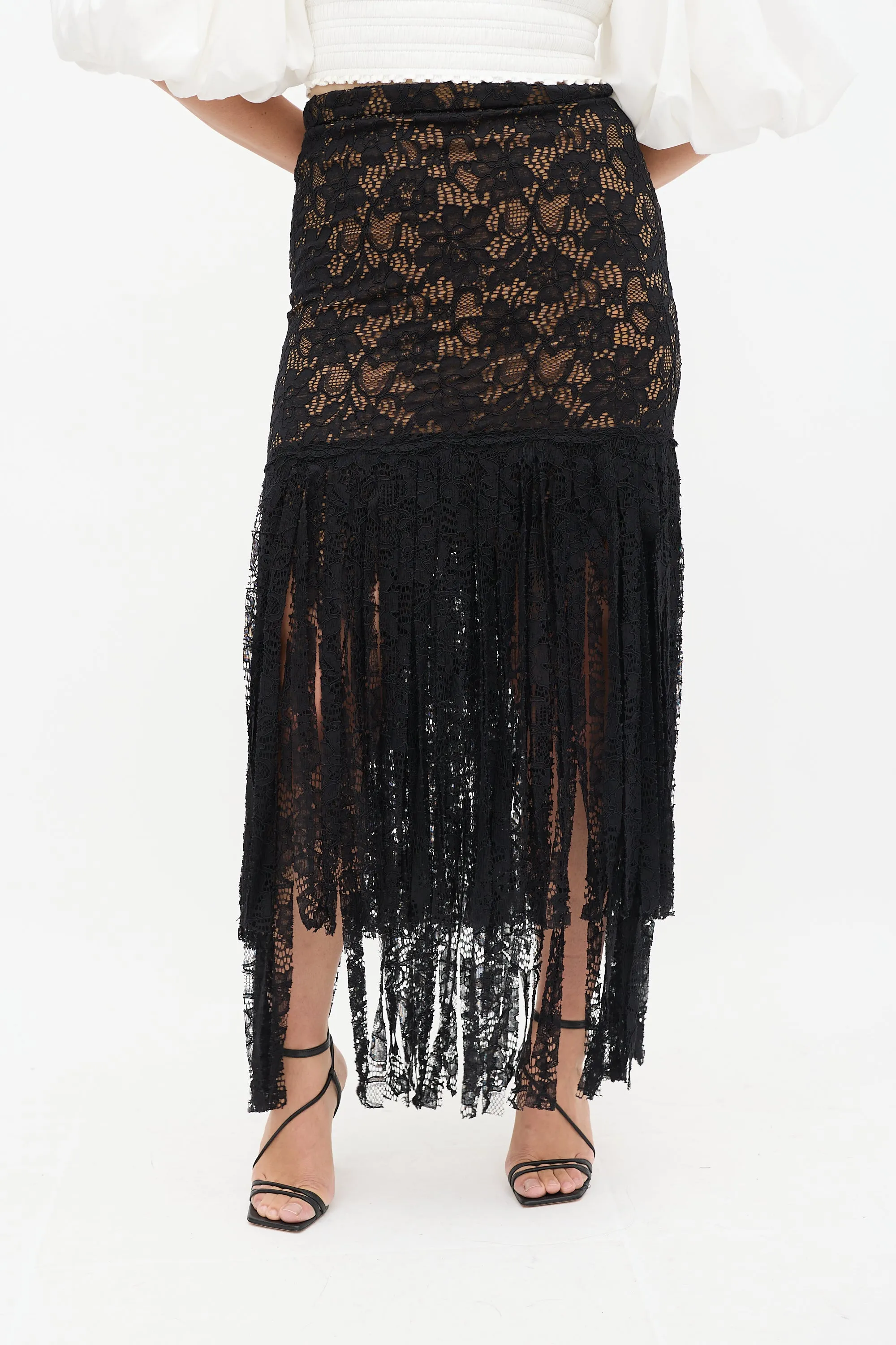 Black Floral Lace Fringe Skirt
