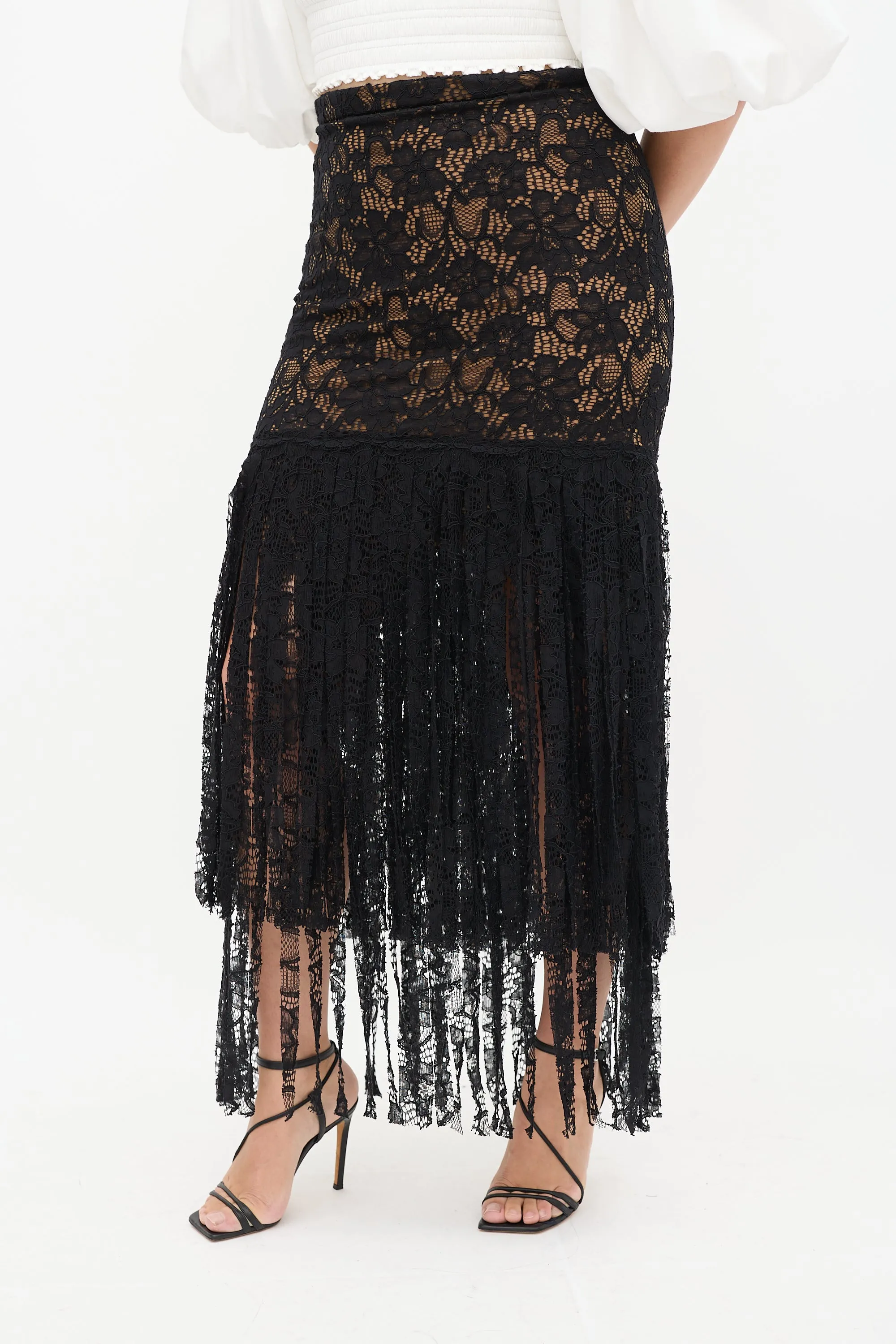 Black Floral Lace Fringe Skirt
