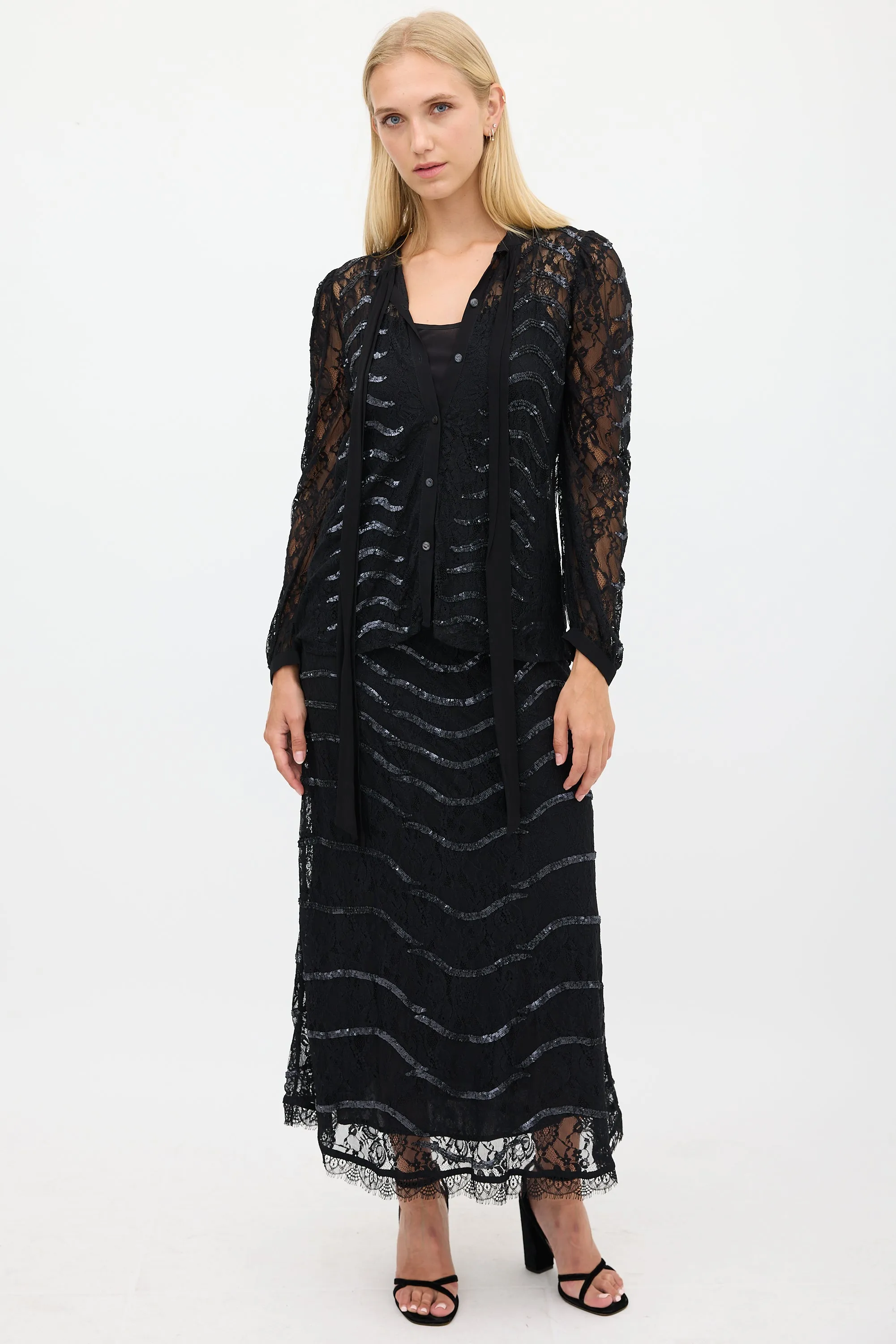 Black Floral Lace Sequinned Skirt