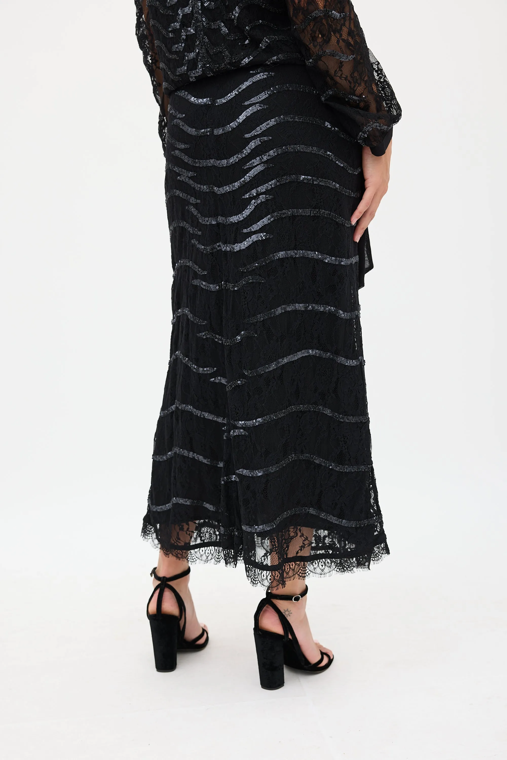 Black Floral Lace Sequinned Skirt