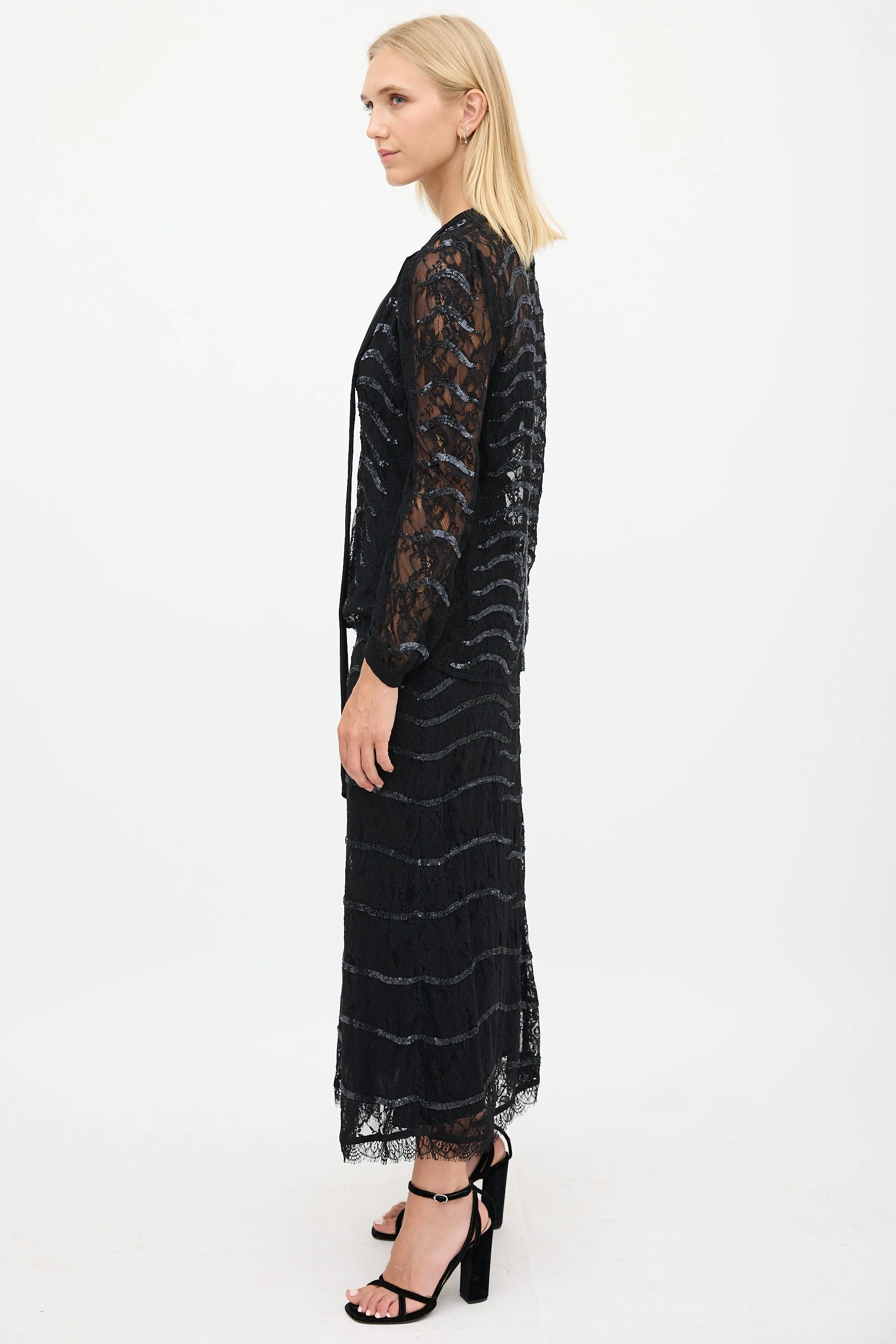 Black Floral Lace Sequinned Skirt