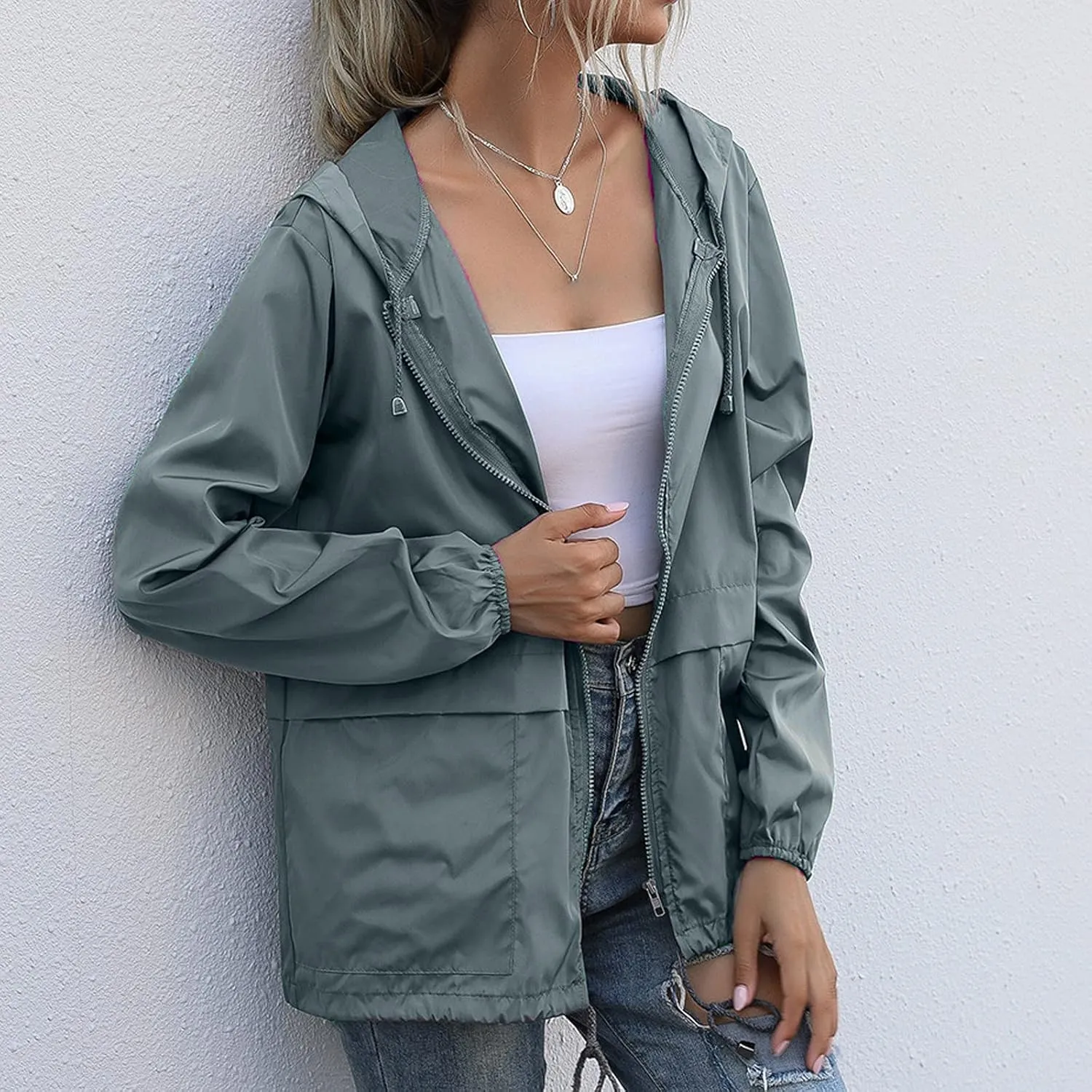 Cdiecer Women's Waterproof Raincoat Lightweight Rain Jacket Hooded Windbreaker Outwear Zipper Hoodie with Pockets