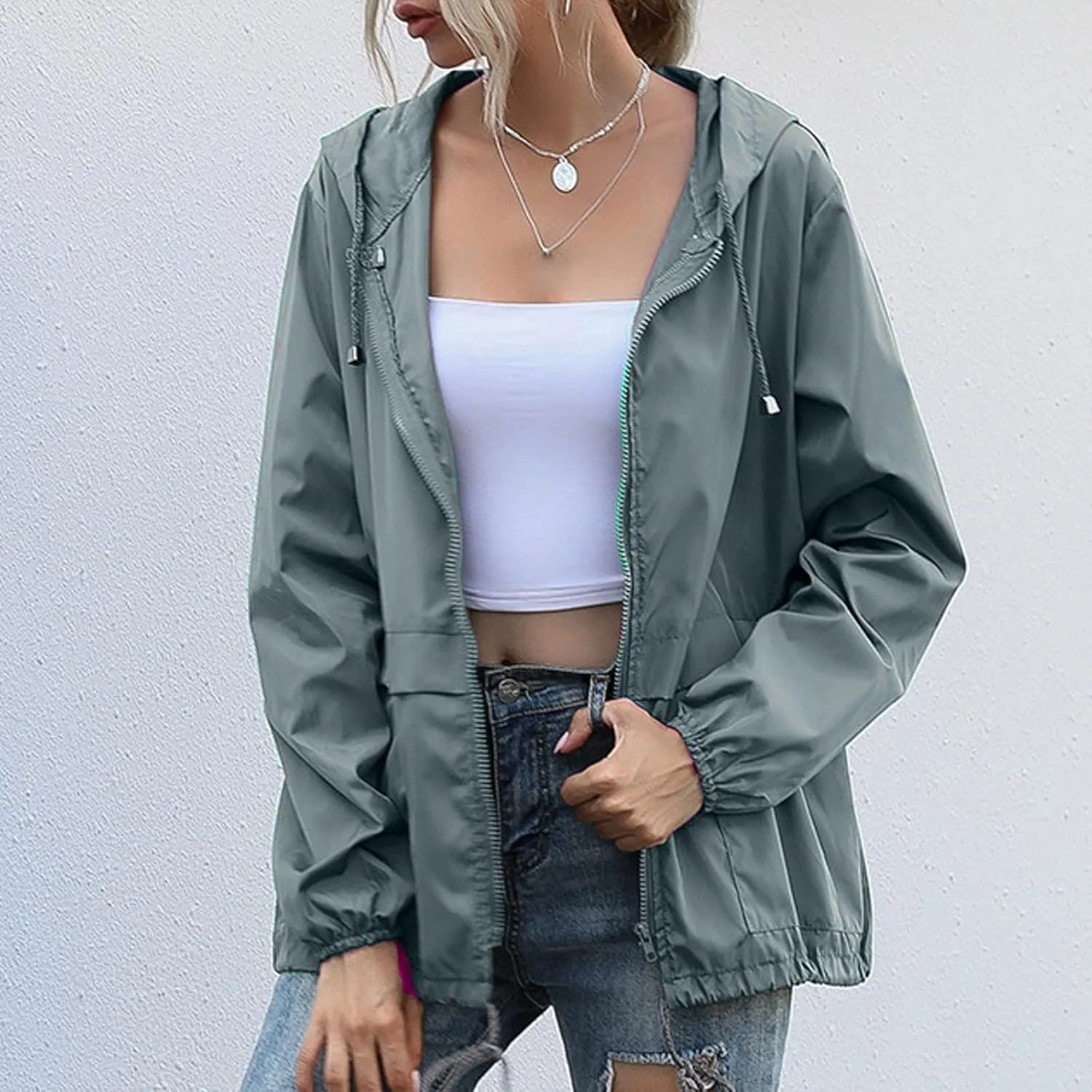 Cdiecer Women's Waterproof Raincoat Lightweight Rain Jacket Hooded Windbreaker Outwear Zipper Hoodie with Pockets