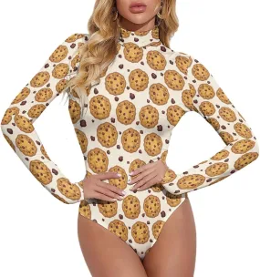 Chocolate Biscuits Cookies Women's Long Sleeve Bodysuit Turtleneck Tops Stretch Jumpsuit T Shirts L
