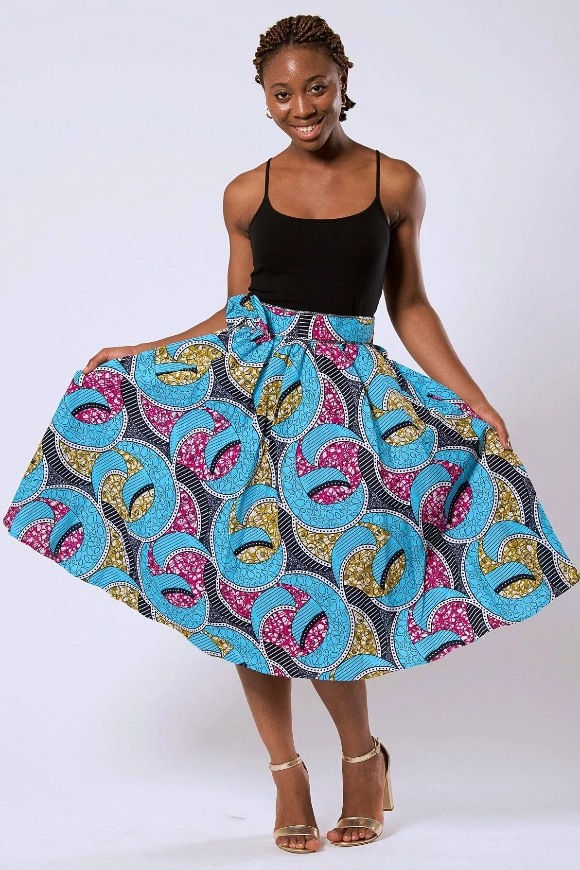 Delu Bow Side Midi African Print Skirt - Blue/ Pink/ yellow