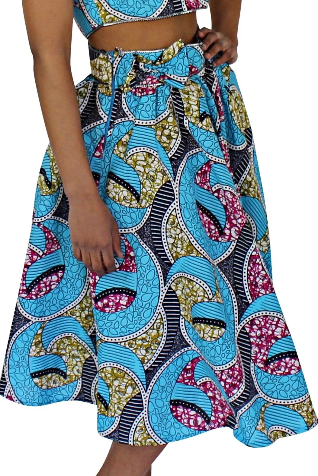 Delu Bow Side Midi African Print Skirt - Blue/ Pink/ yellow