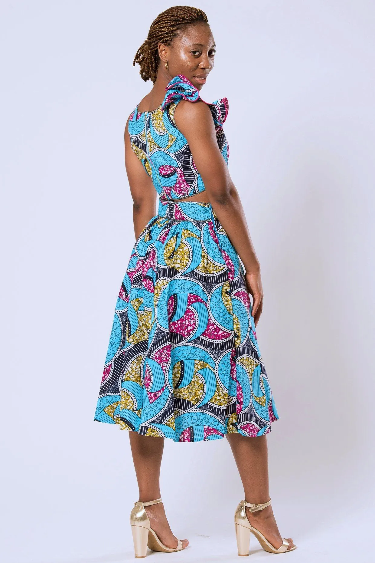 Delu Bow Side Midi African Print Skirt - Blue/ Pink/ yellow
