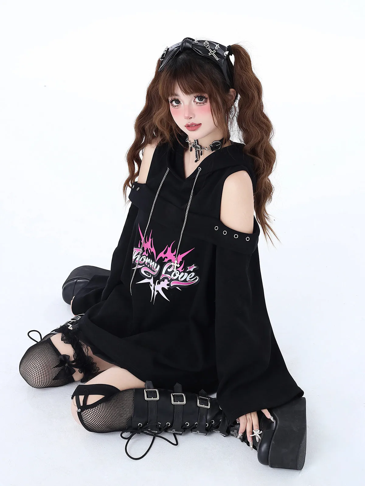 Hooded Subculture Leaky Top Rock Punk Spring Shoulder Chain Original Sweatshirt Dark