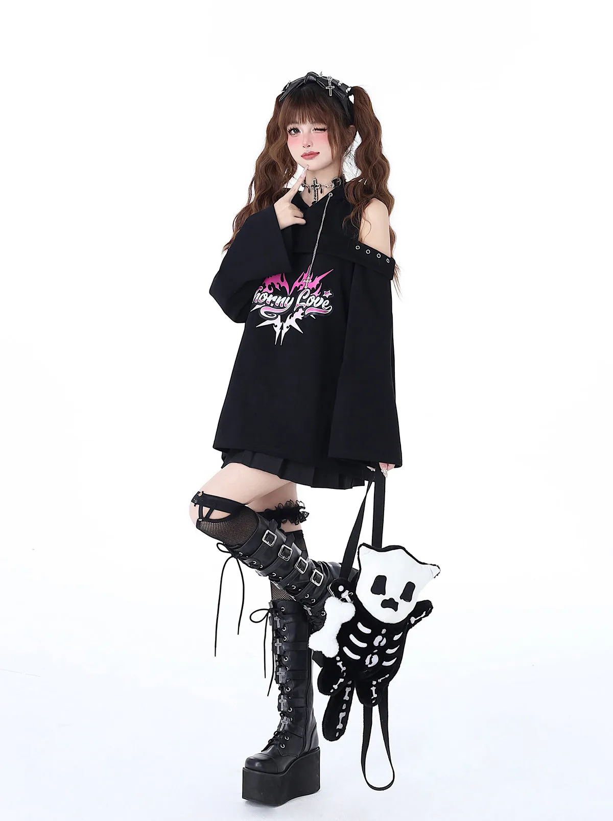 Hooded Subculture Leaky Top Rock Punk Spring Shoulder Chain Original Sweatshirt Dark