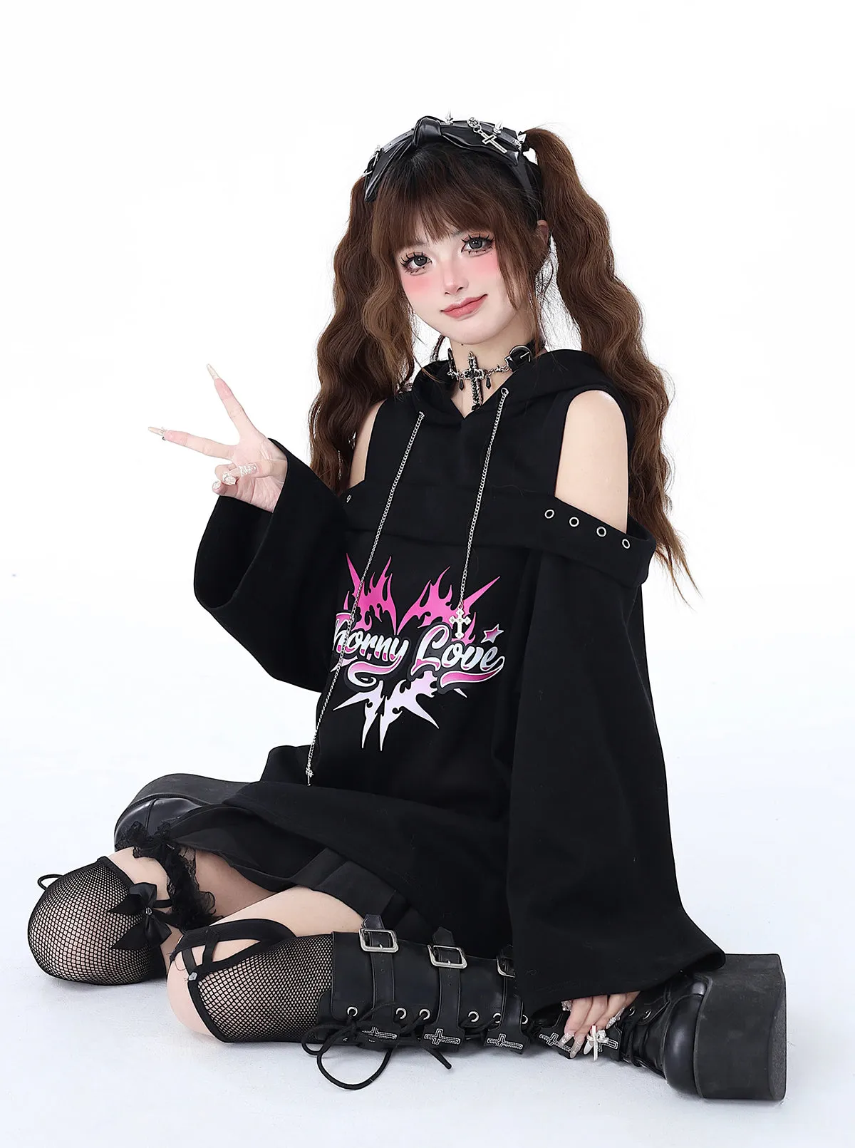 Hooded Subculture Leaky Top Rock Punk Spring Shoulder Chain Original Sweatshirt Dark