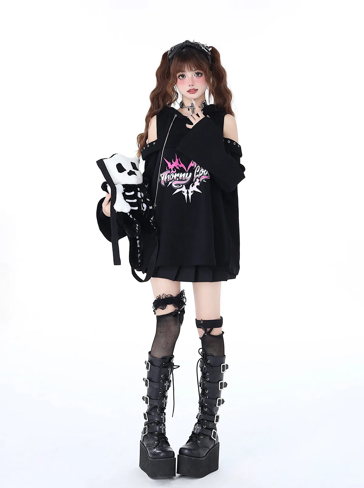 Hooded Subculture Leaky Top Rock Punk Spring Shoulder Chain Original Sweatshirt Dark