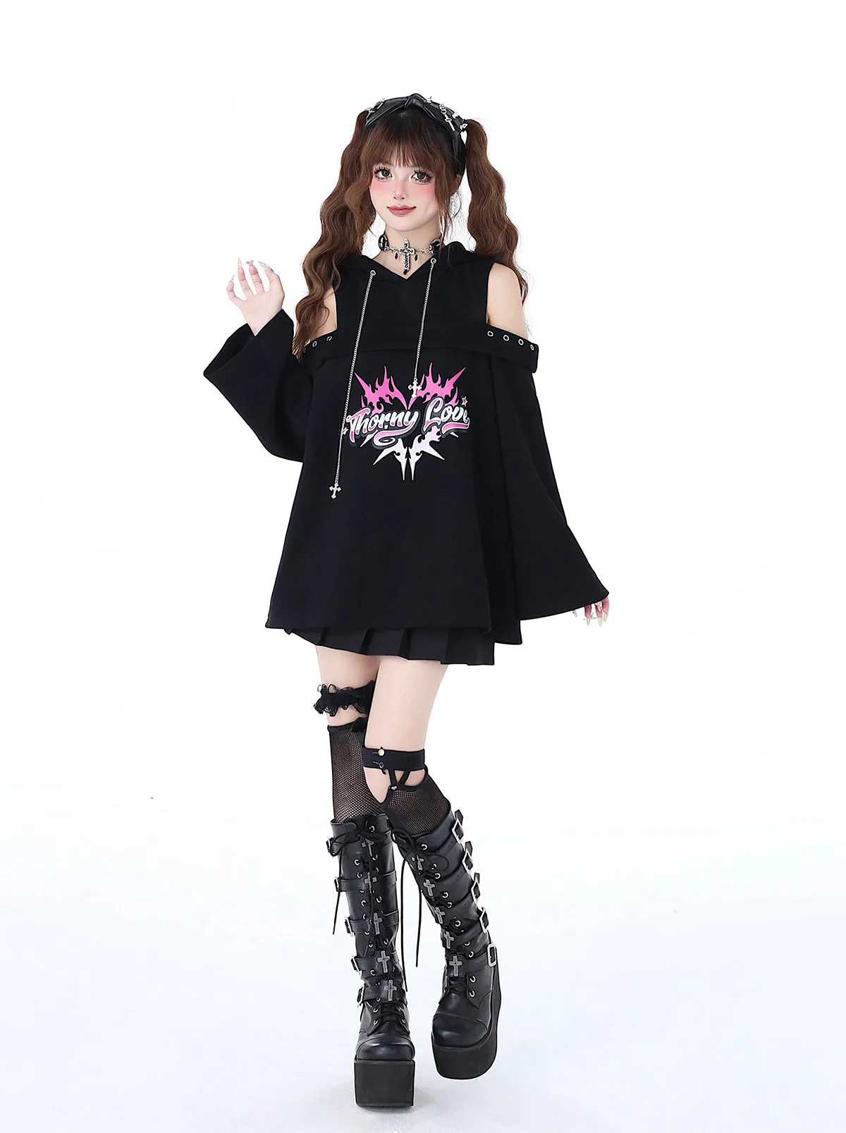 Hooded Subculture Leaky Top Rock Punk Spring Shoulder Chain Original Sweatshirt Dark