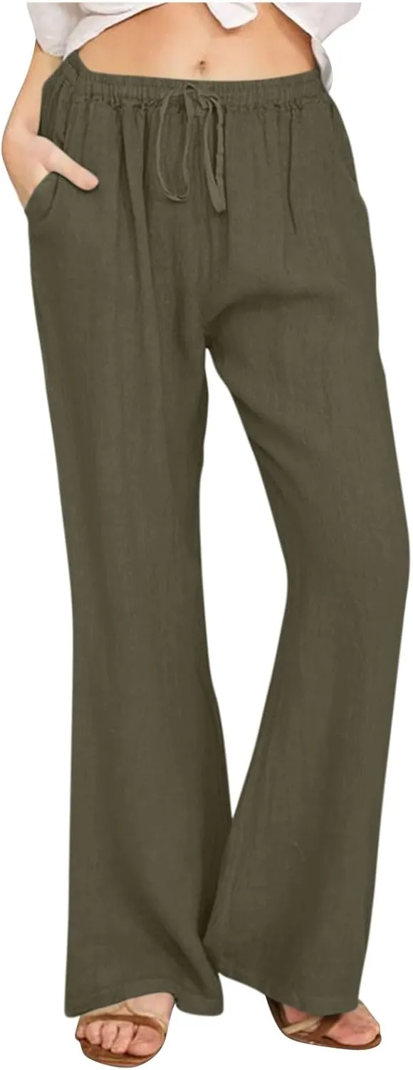 Linen Pants Women Summer Cotton Linen Pants Wide Leg Casual Palazzo Pants Cotton Linen Lounge Beach Pants with Pockets