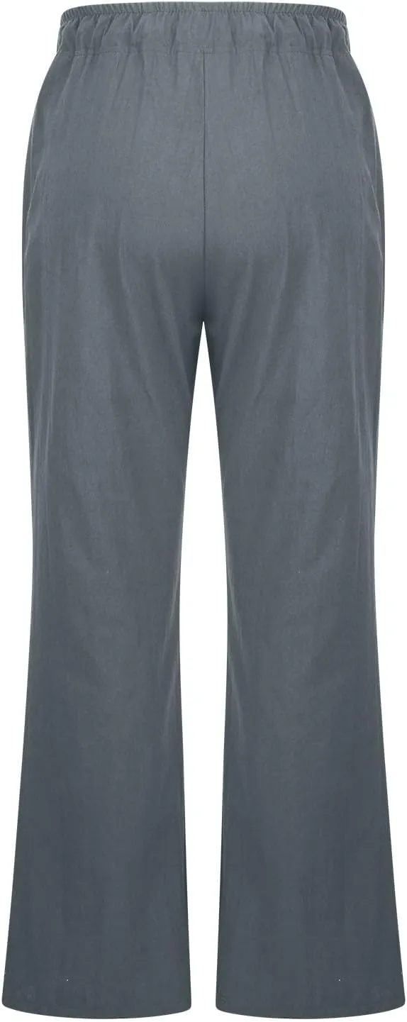 Linen Pants Women Summer Cotton Linen Pants Wide Leg Casual Palazzo Pants Cotton Linen Lounge Beach Pants with Pockets