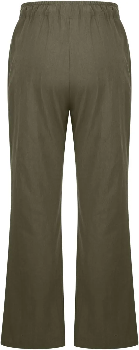 Linen Pants Women Summer Cotton Linen Pants Wide Leg Casual Palazzo Pants Cotton Linen Lounge Beach Pants with Pockets