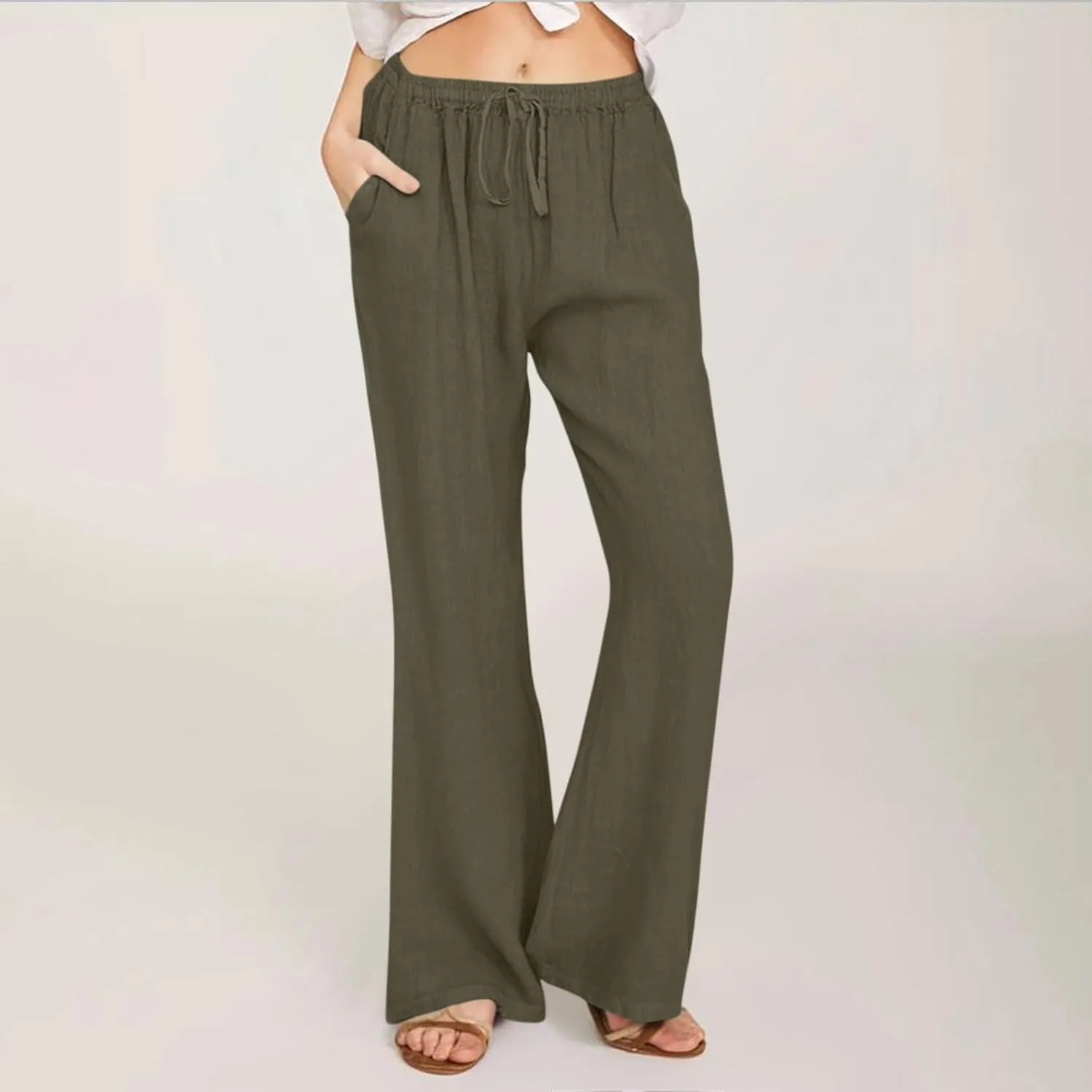 Linen Pants Women Summer Cotton Linen Pants Wide Leg Casual Palazzo Pants Cotton Linen Lounge Beach Pants with Pockets