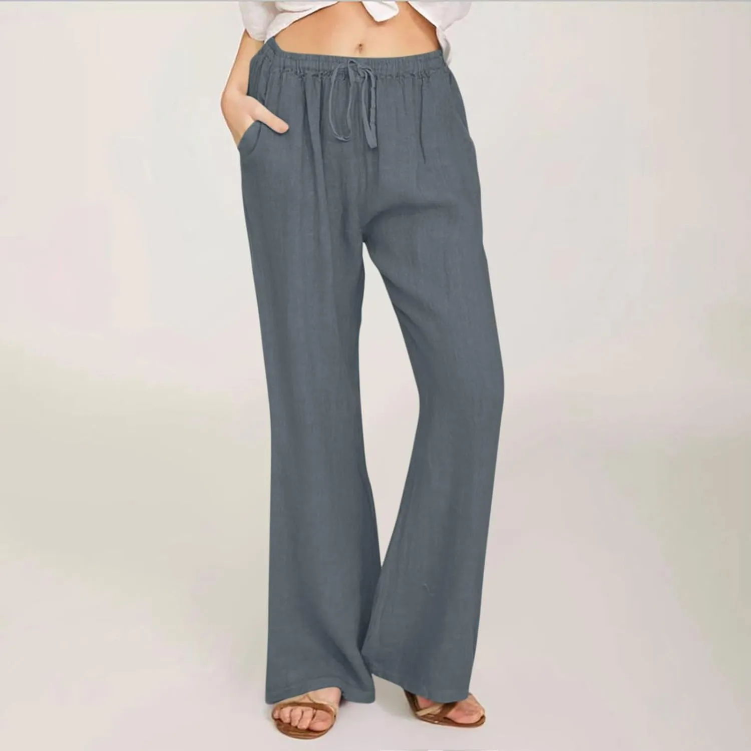Linen Pants Women Summer Cotton Linen Pants Wide Leg Casual Palazzo Pants Cotton Linen Lounge Beach Pants with Pockets