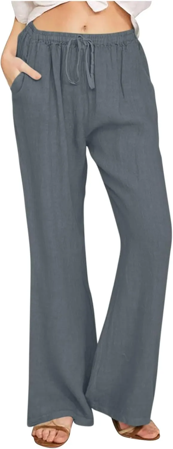 Linen Pants Women Summer Cotton Linen Pants Wide Leg Casual Palazzo Pants Cotton Linen Lounge Beach Pants with Pockets