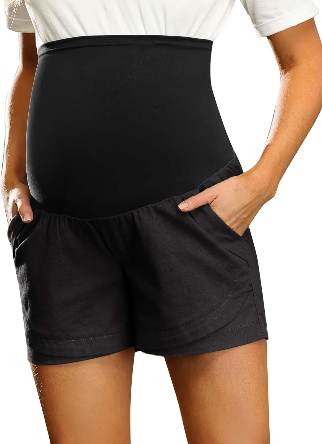 Maacie Maternity Shorts Over Belly Linen Cotton Comfy Shorts with Pockets