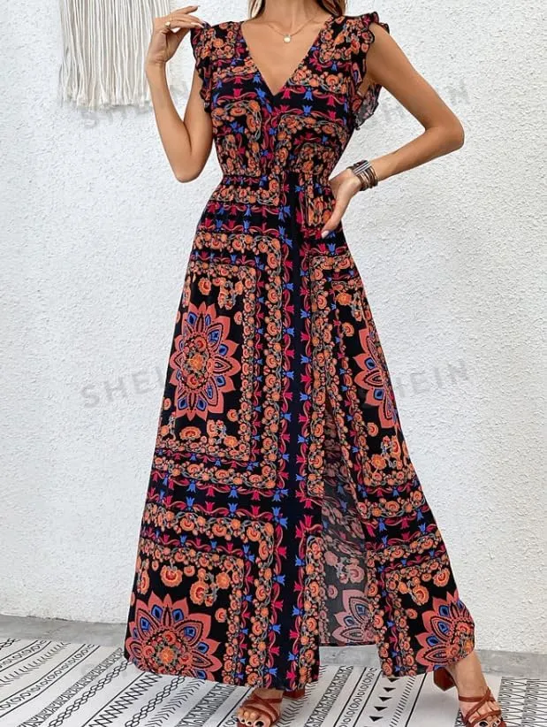 Melliflo Women Boho Retro Floral Print Maxi Dresses V-Neck Slit Sleeveless Mini Dress Summer Casual Vacation Beach Sundress