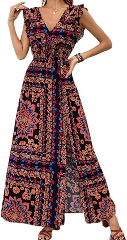 Melliflo Women Boho Retro Floral Print Maxi Dresses V-Neck Slit Sleeveless Mini Dress Summer Casual Vacation Beach Sundress