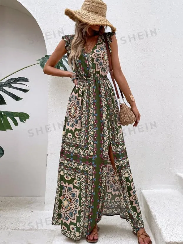 Melliflo Women Boho Retro Floral Print Maxi Dresses V-Neck Slit Sleeveless Mini Dress Summer Casual Vacation Beach Sundress