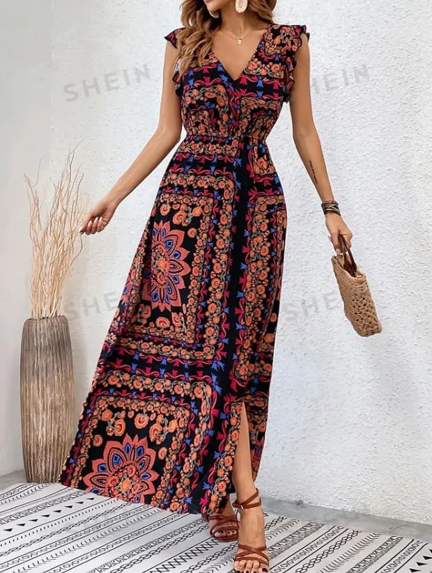 Melliflo Women Boho Retro Floral Print Maxi Dresses V-Neck Slit Sleeveless Mini Dress Summer Casual Vacation Beach Sundress
