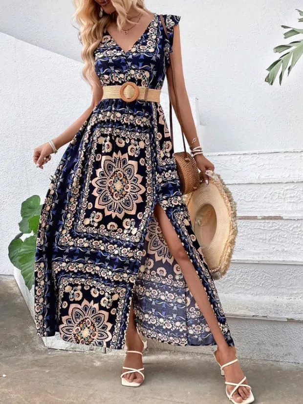Melliflo Women Boho Retro Floral Print Maxi Dresses V-Neck Slit Sleeveless Mini Dress Summer Casual Vacation Beach Sundress