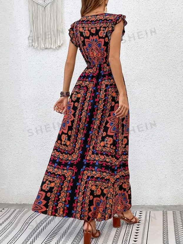 Melliflo Women Boho Retro Floral Print Maxi Dresses V-Neck Slit Sleeveless Mini Dress Summer Casual Vacation Beach Sundress