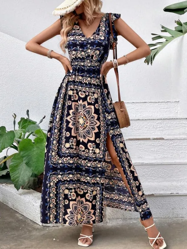 Melliflo Women Boho Retro Floral Print Maxi Dresses V-Neck Slit Sleeveless Mini Dress Summer Casual Vacation Beach Sundress
