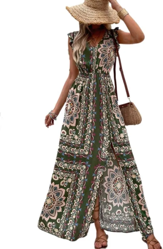 Melliflo Women Boho Retro Floral Print Maxi Dresses V-Neck Slit Sleeveless Mini Dress Summer Casual Vacation Beach Sundress