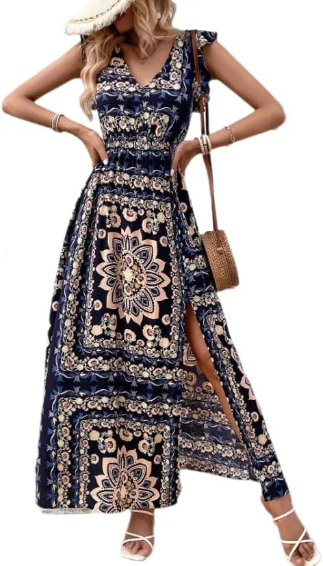 Melliflo Women Boho Retro Floral Print Maxi Dresses V-Neck Slit Sleeveless Mini Dress Summer Casual Vacation Beach Sundress