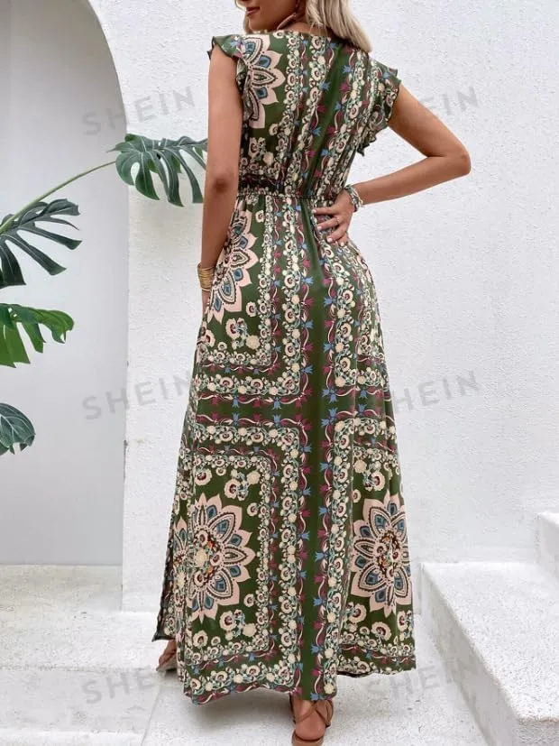 Melliflo Women Boho Retro Floral Print Maxi Dresses V-Neck Slit Sleeveless Mini Dress Summer Casual Vacation Beach Sundress