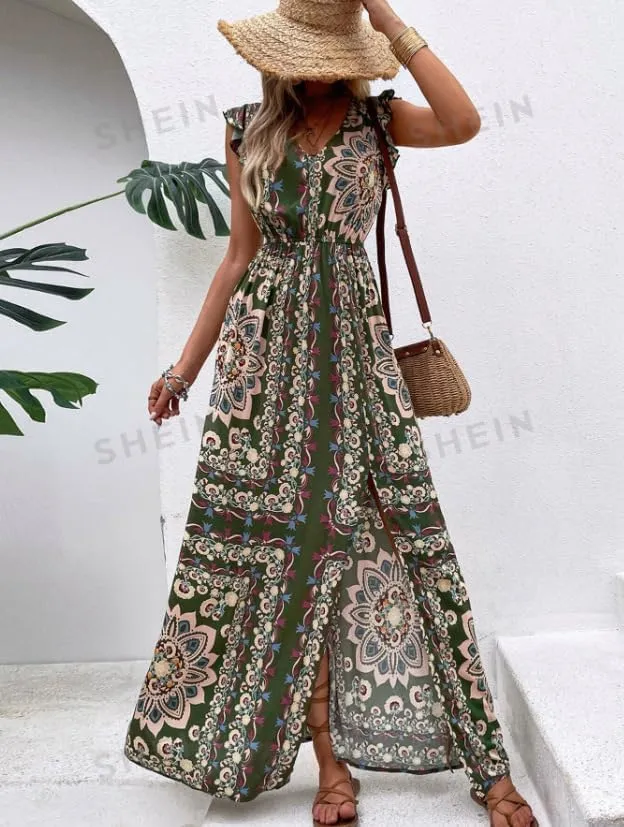 Melliflo Women Boho Retro Floral Print Maxi Dresses V-Neck Slit Sleeveless Mini Dress Summer Casual Vacation Beach Sundress