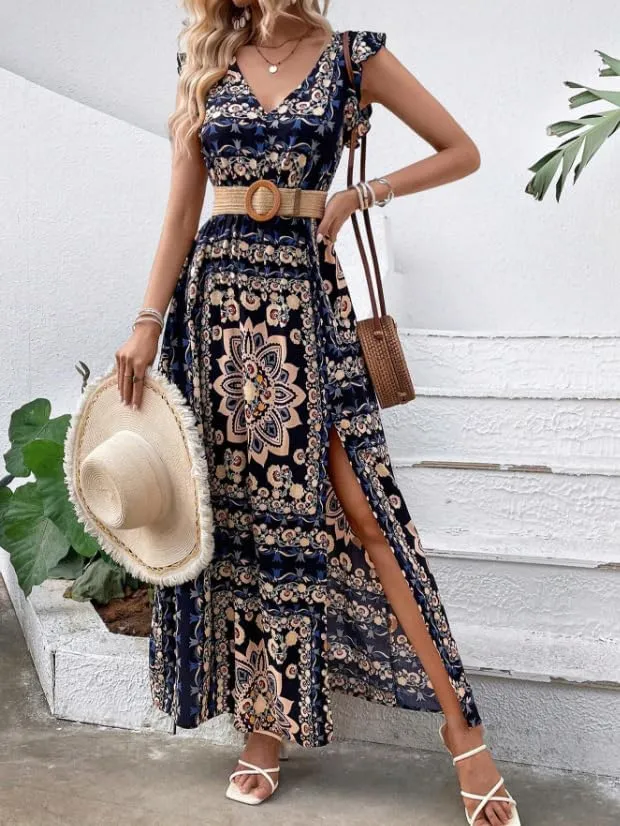 Melliflo Women Boho Retro Floral Print Maxi Dresses V-Neck Slit Sleeveless Mini Dress Summer Casual Vacation Beach Sundress