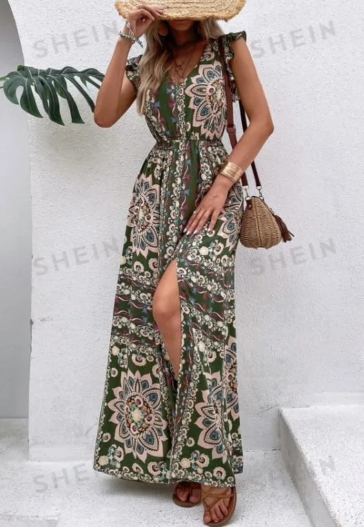 Melliflo Women Boho Retro Floral Print Maxi Dresses V-Neck Slit Sleeveless Mini Dress Summer Casual Vacation Beach Sundress
