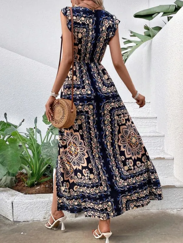 Melliflo Women Boho Retro Floral Print Maxi Dresses V-Neck Slit Sleeveless Mini Dress Summer Casual Vacation Beach Sundress