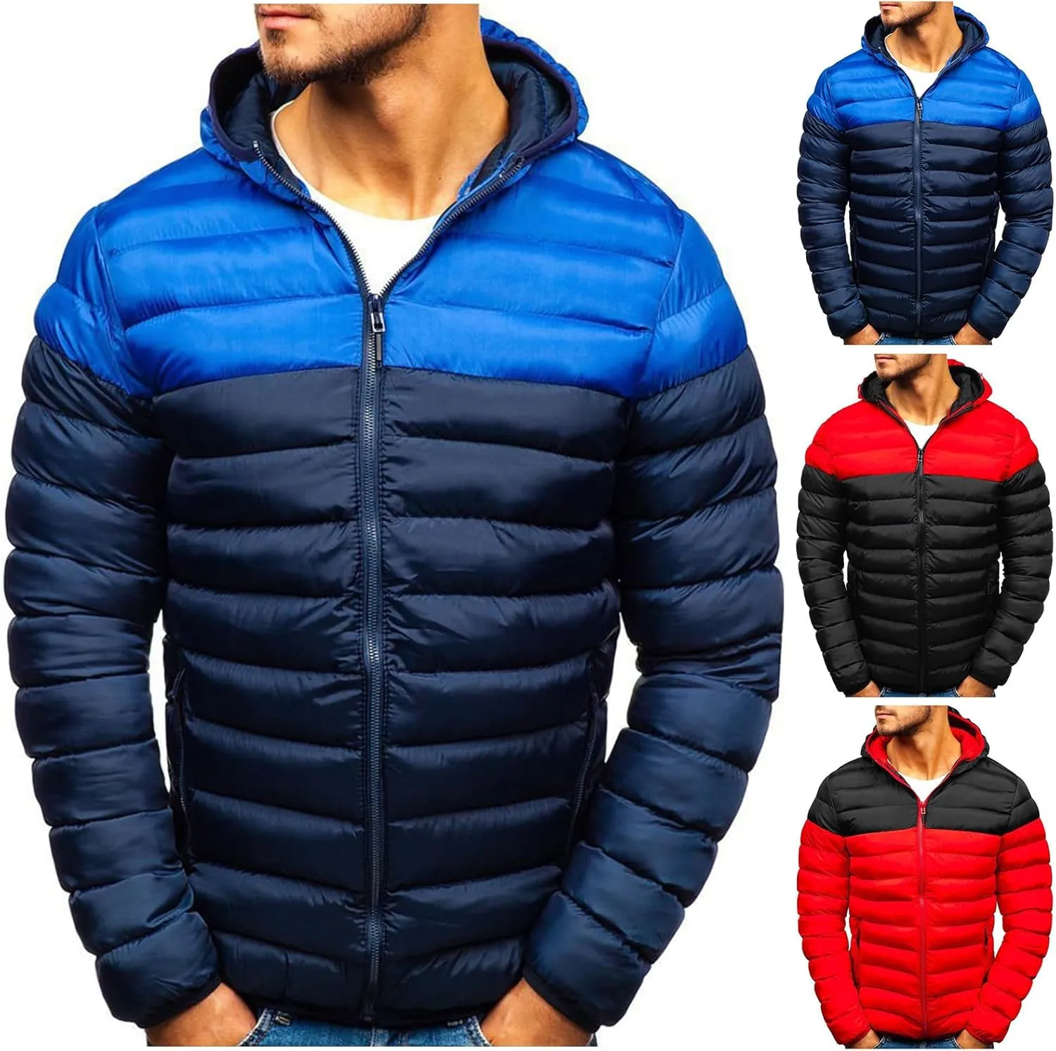 Men's Hooded Puffer Jacket Water-Resistant Winter Coat Windproof Padded Puffy Coat Zipper Down Jacket Trendy Outwear