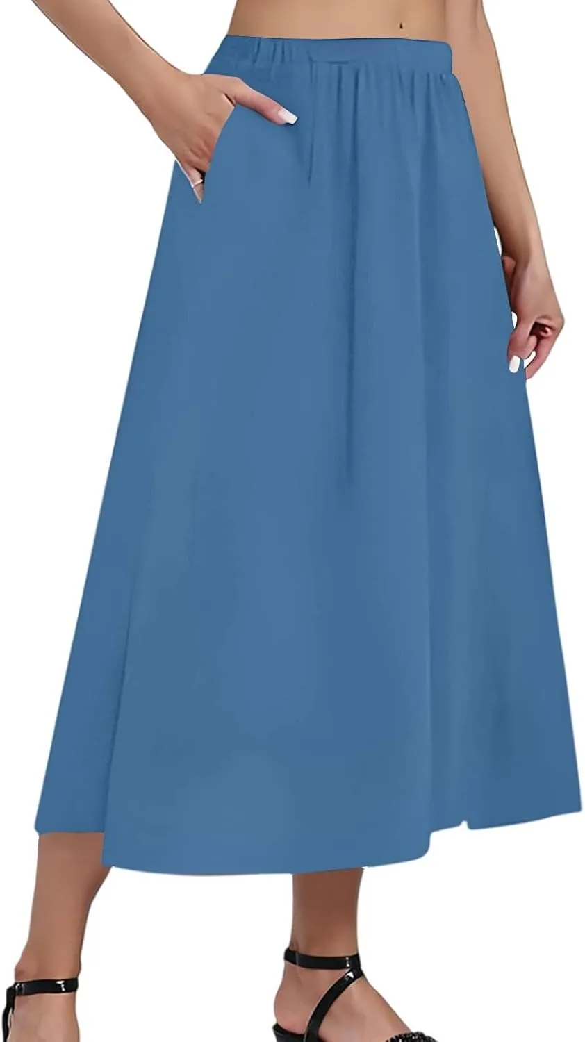 Midi Boho Floral Skirts for Women Trendy High Elastic Waist Comfy Flowy A Line Skirt Skorts with Pockets