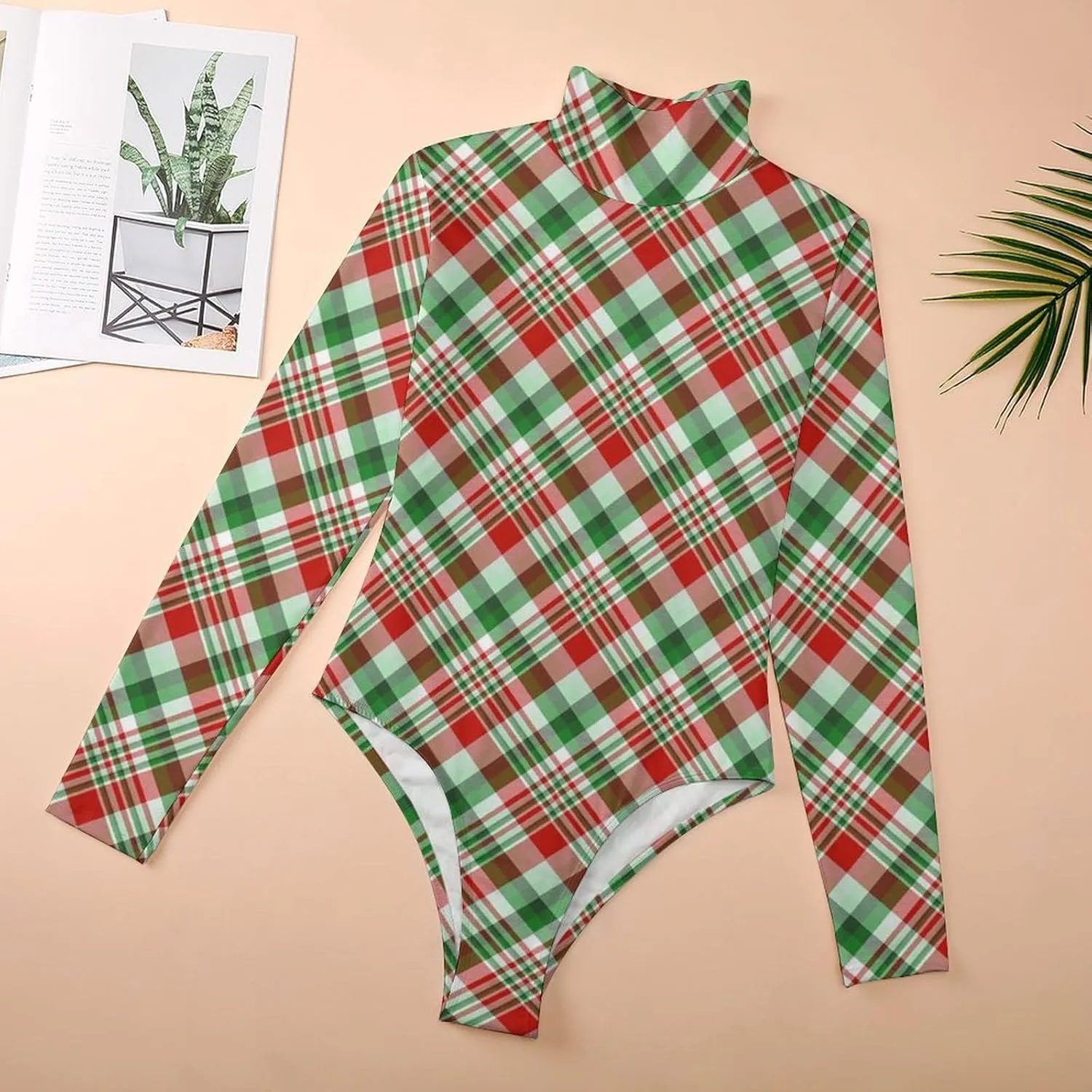Red Green Plaid Women's Long Sleeve Tops Bodysuit Basic Stretch Jumpsuit High Neck Thong T-Shirts