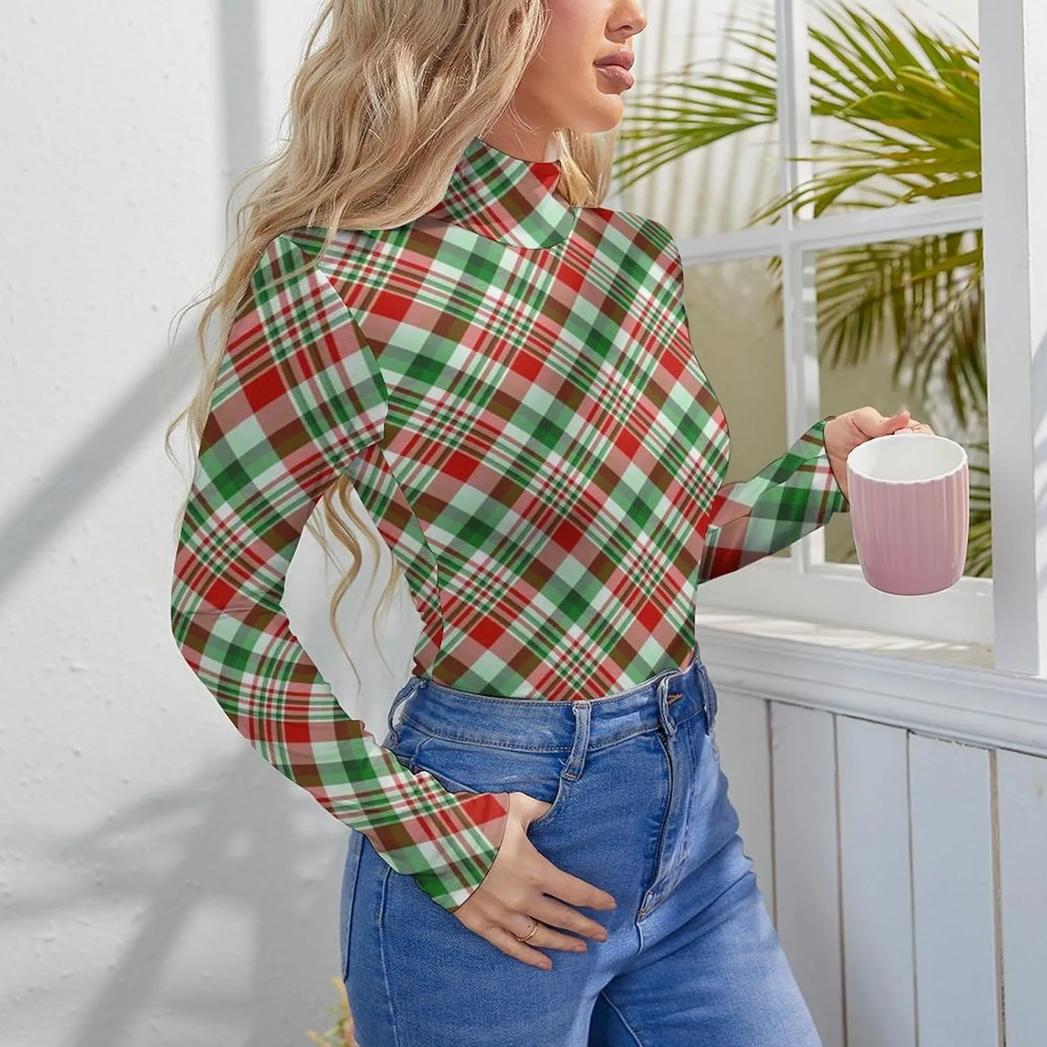 Red Green Plaid Women's Long Sleeve Tops Bodysuit Basic Stretch Jumpsuit High Neck Thong T-Shirts