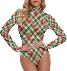 Red Green Plaid Women's Long Sleeve Tops Bodysuit Basic Stretch Jumpsuit High Neck Thong T-Shirts