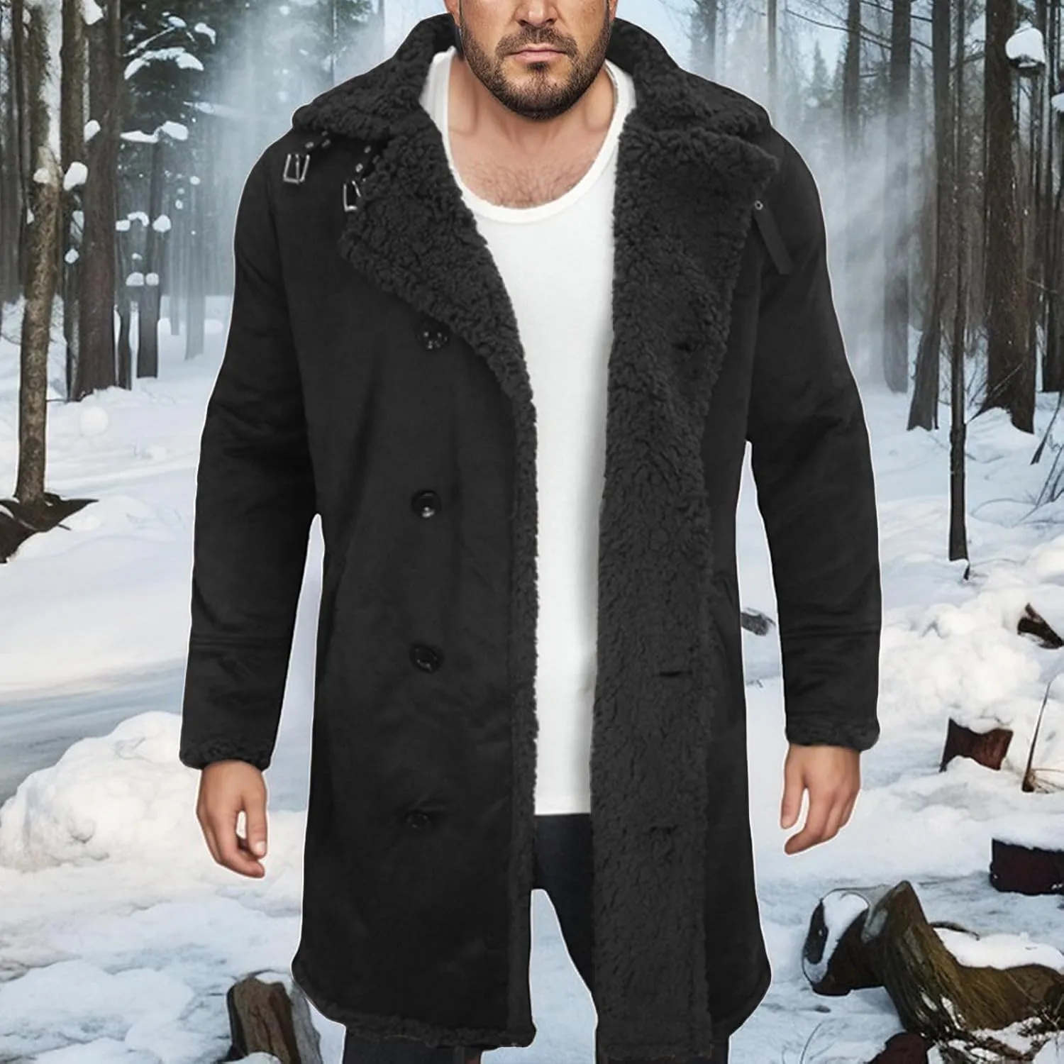 Shearling Coat Men Suede Trench Coat Fleece Sherpa Lined Leather Jacket Lapel Double Breasted Pea Coat Long Overcoats