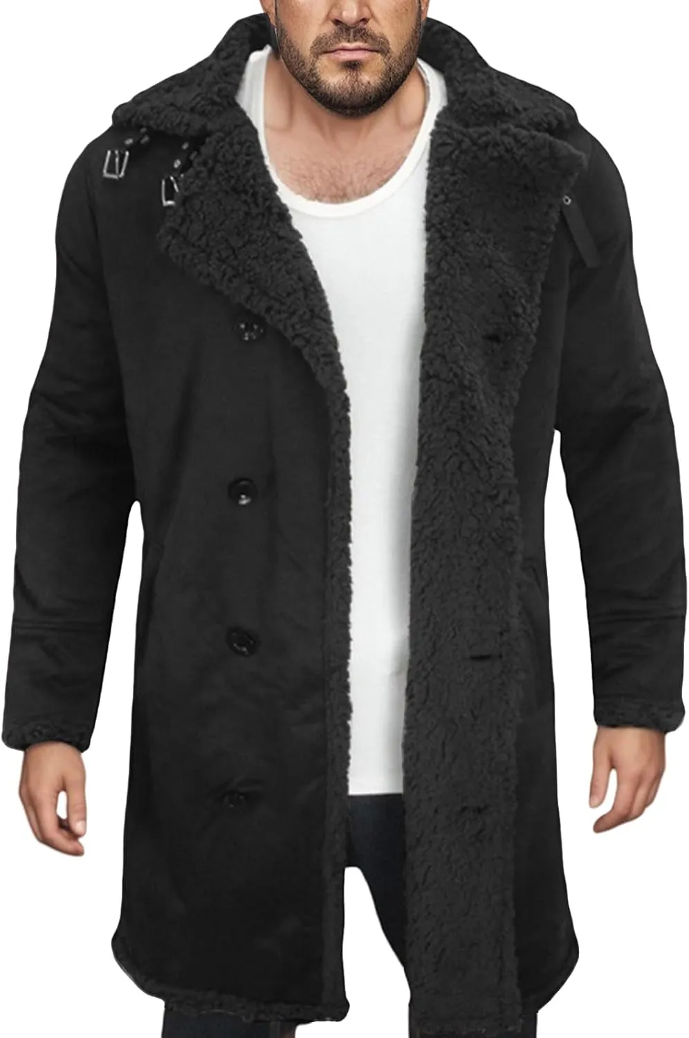 Shearling Coat Men Suede Trench Coat Fleece Sherpa Lined Leather Jacket Lapel Double Breasted Pea Coat Long Overcoats