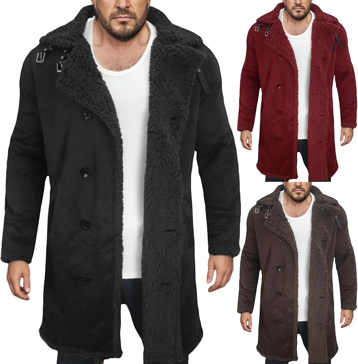 Shearling Coat Men Suede Trench Coat Fleece Sherpa Lined Leather Jacket Lapel Double Breasted Pea Coat Long Overcoats